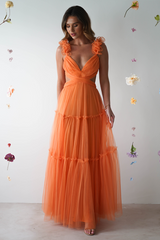 Petal Straps Deep V Neck Backless Tulle Gowns Maxi Dresses-Orange Pre Order