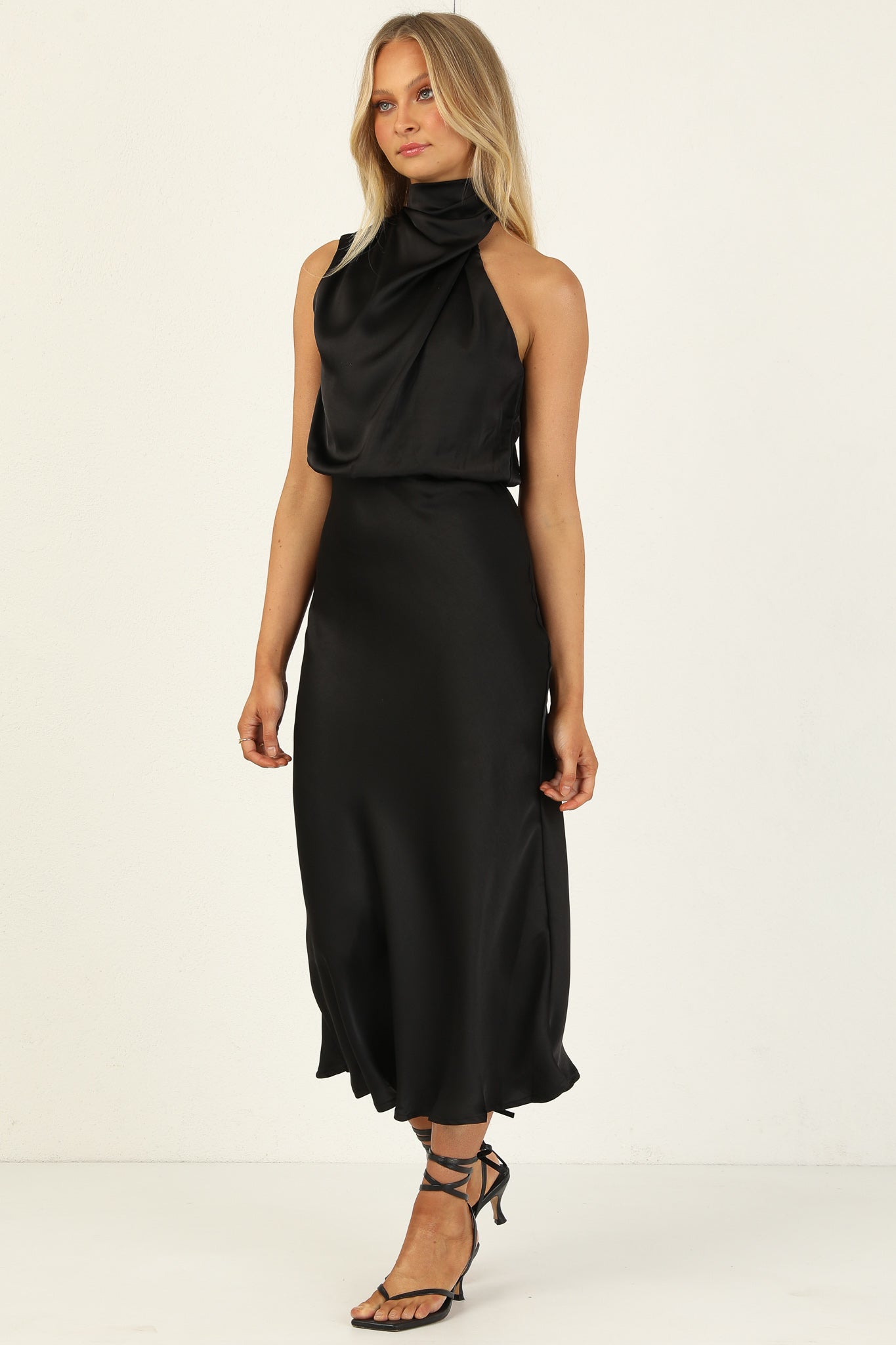 Turtleneck Sleeveless Satin Midi Dresses