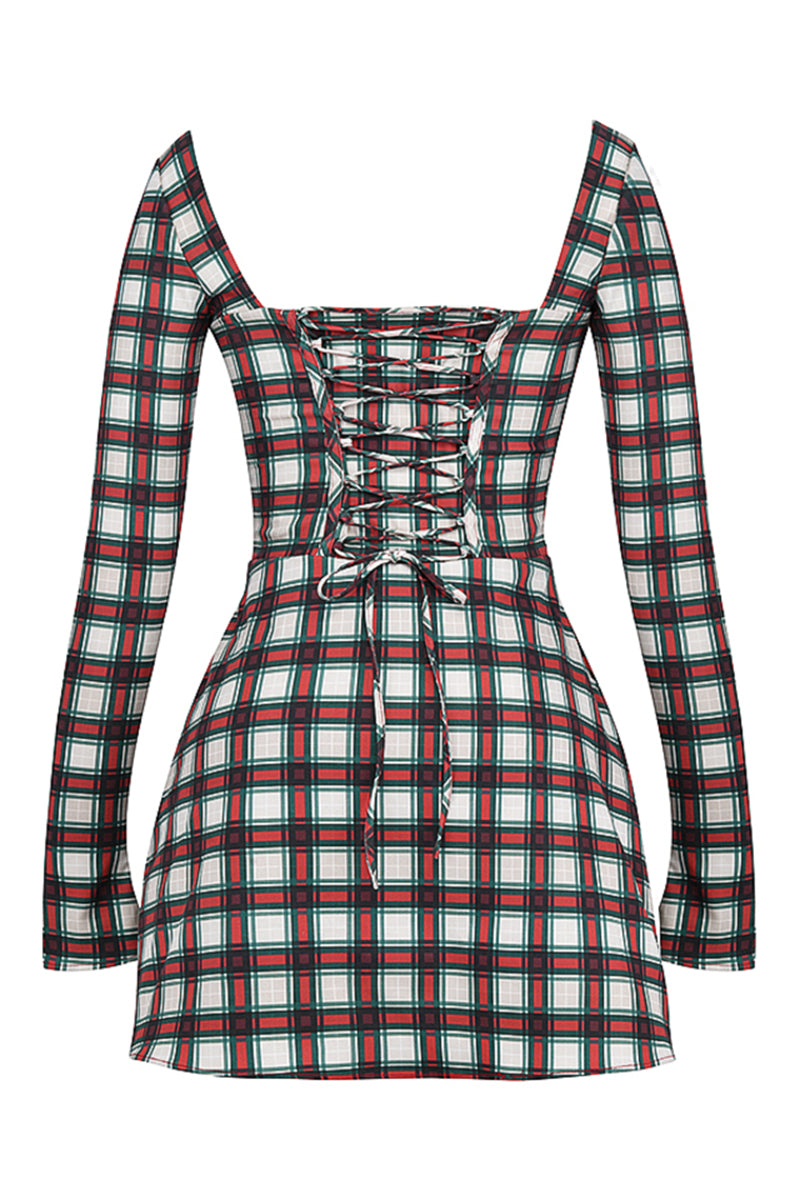 Long Sleeve Square Neck Lace Up Plaid Print Mini Dresses-Red