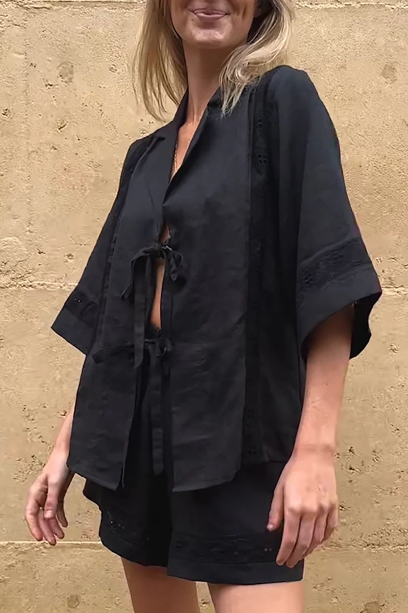 Half Sleeve Tie Up Blouse Hollow Out Shorts Matching Set-White