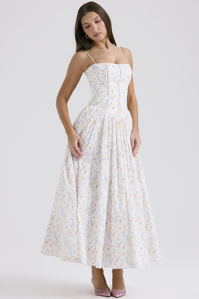 Ditsy Floral Print Boat Neck Corset Slip Midi Dresses-White