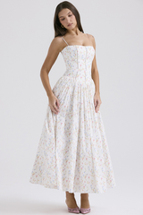 Ditsy Floral Print Boat Neck Corset Slip Midi Dresses-White