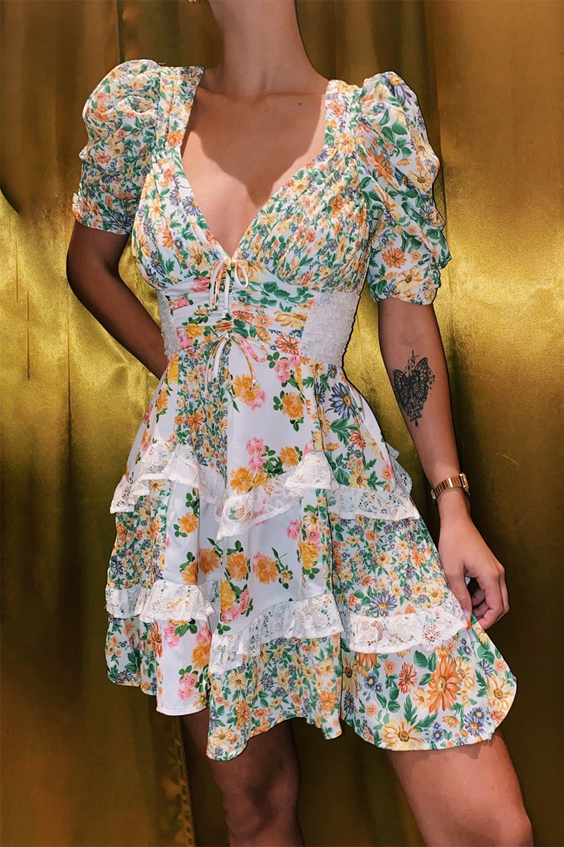 Floral Print V Neck Juliet Sleeve Lace Ruffled Trim A-Line Mini Dresses-Green