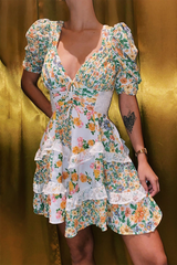 Floral Print V Neck Juliet Sleeve Lace Ruffled Trim A-Line Mini Dresses-Green