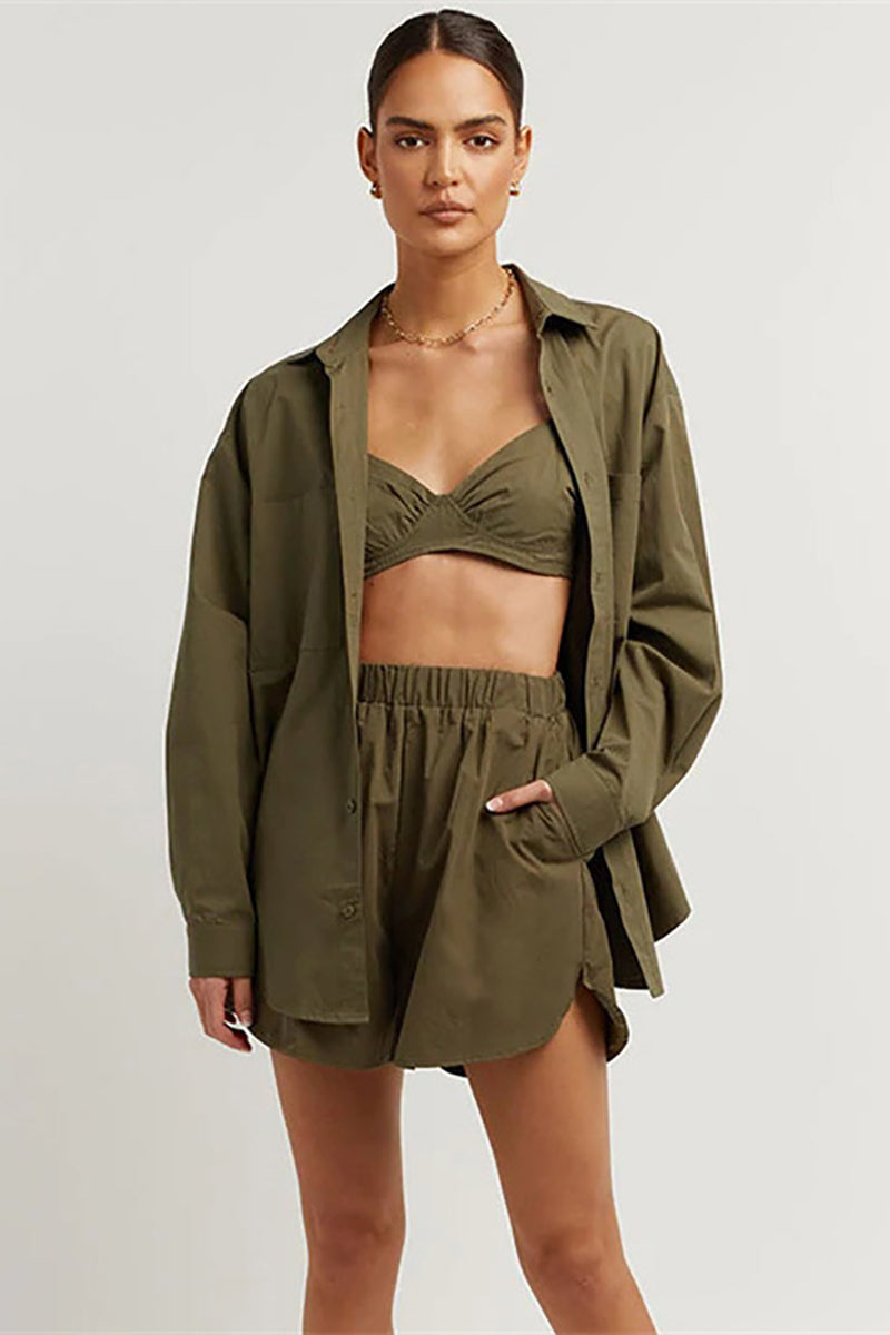 Long Sleeve Blouses Cami Crop Top 3pcs Shorts Set