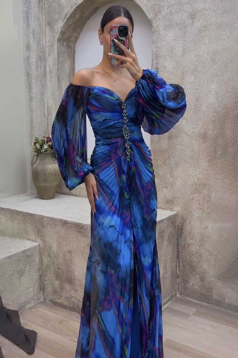 Pattern Print Pleated Off Shoulder Lantern Sleeve Slit Gowns Maxi Dresses-Yellow