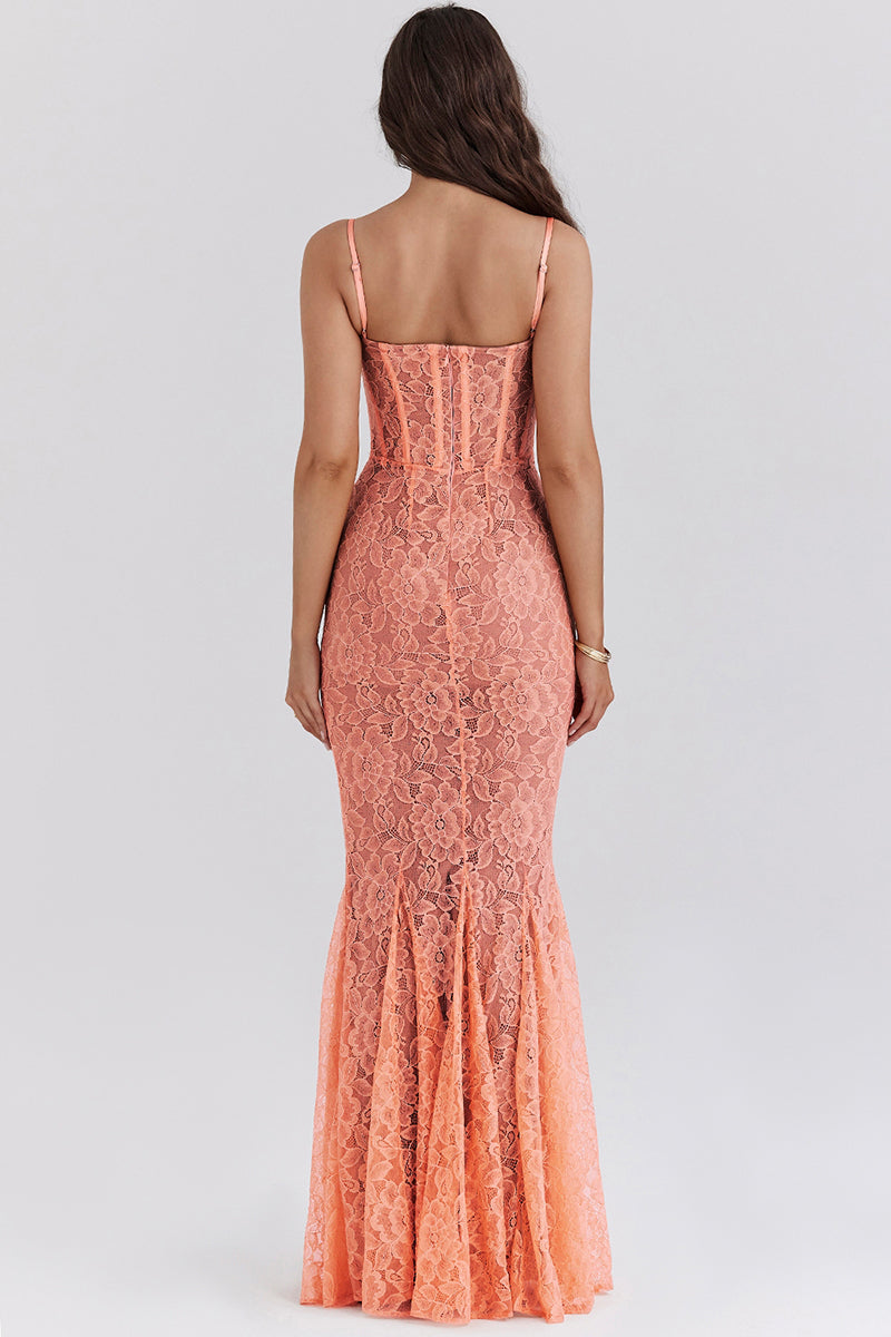 Floral Guipure Lace Corset Party Fishtail Maxi Slip Dresses-Coral