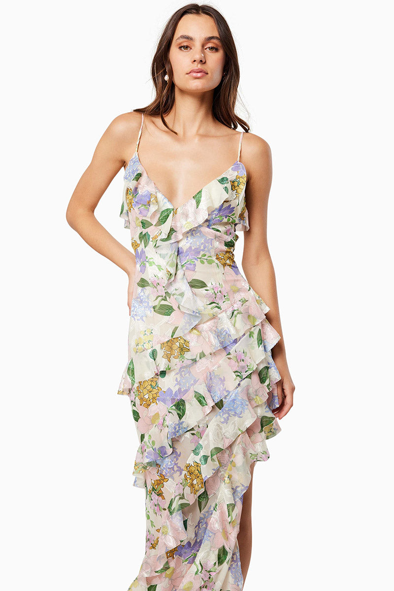 Floral Print Ruffled V Neck High Slit Tiered Maxi Dresses-Pink