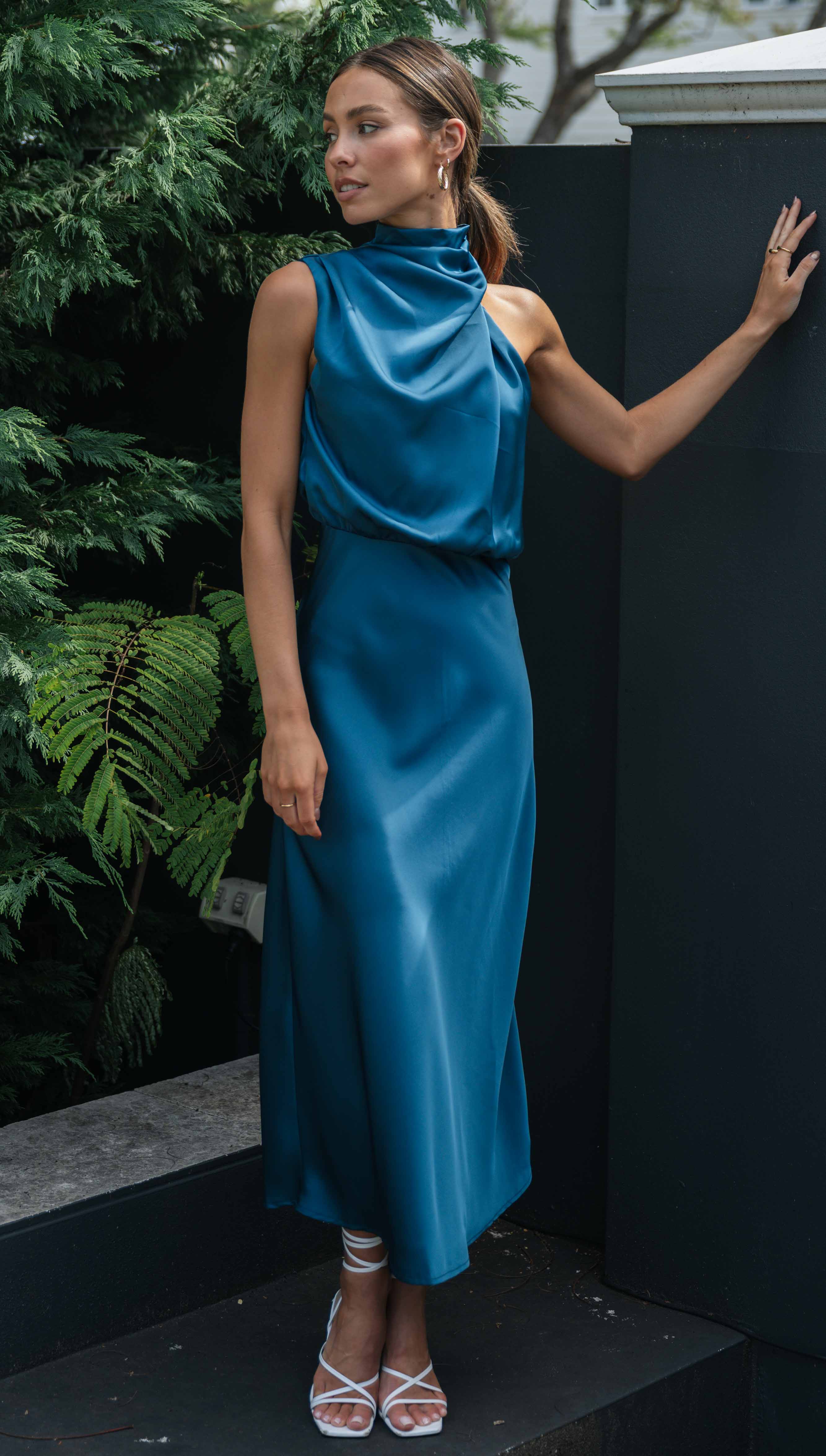 Turtleneck Sleeveless Satin Midi Dresses