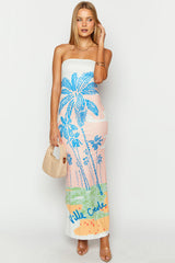 Palm Print Strapless Bodycon Vacation Maxi Dresses-Pink
