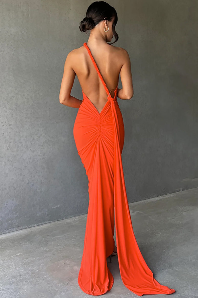 One Shoulder Sleeveless Sash Ring Decor Ruched Backless Elegant Evening Gown White Maxi Dresses