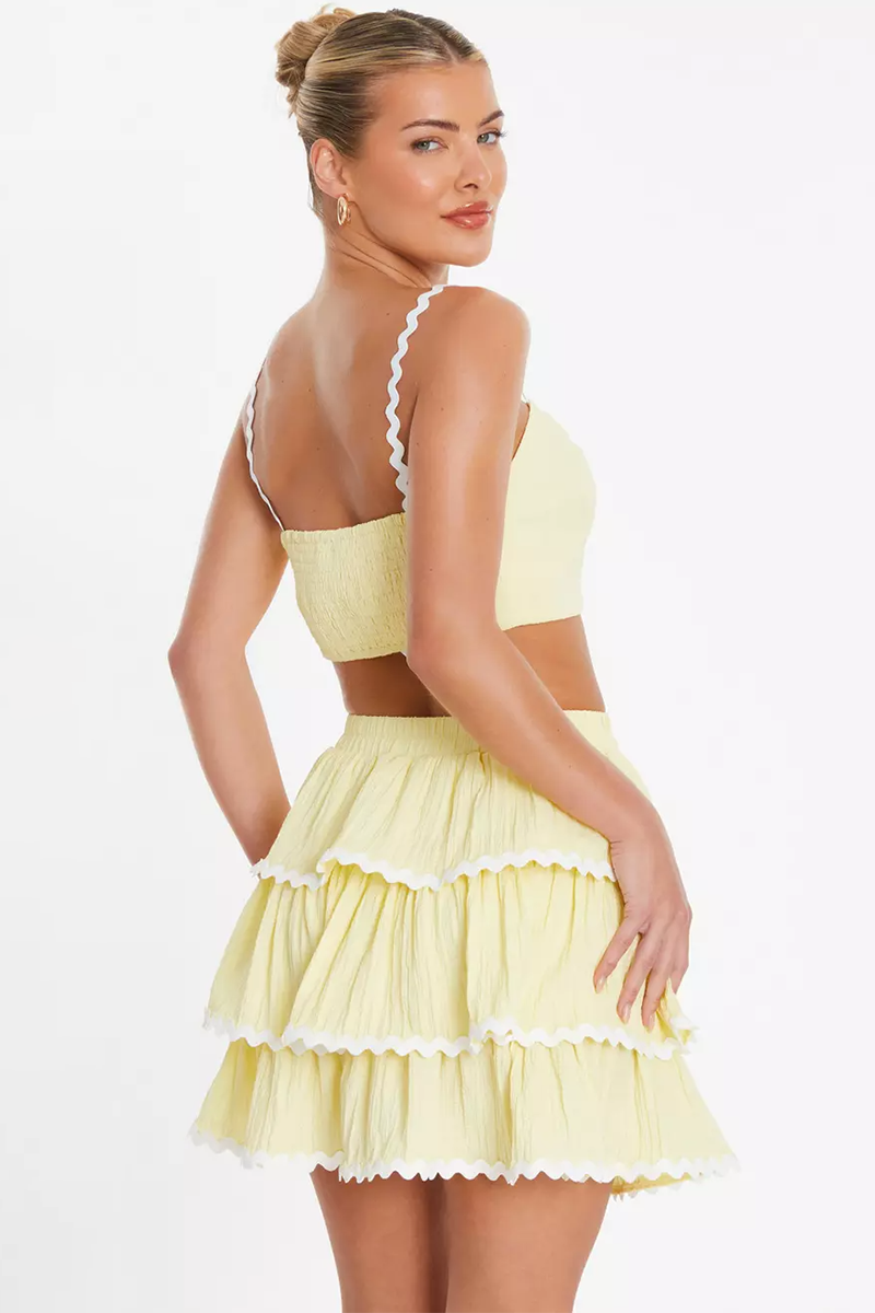 Wavy Straps Crop Top Tiered Mini Skirt Matching Set-Yellow