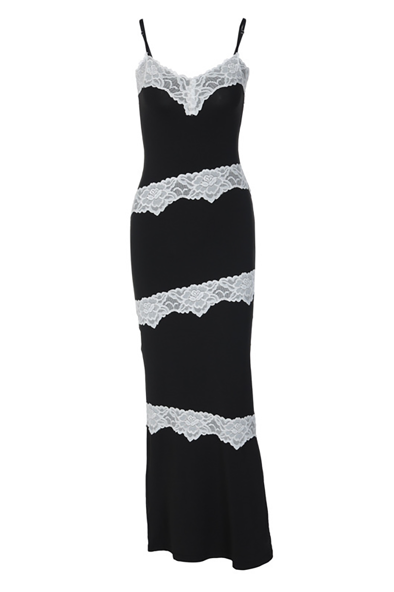 Lace Patchwork Deep V Neck Slim Fit Maxi Strappy Dresses-Black