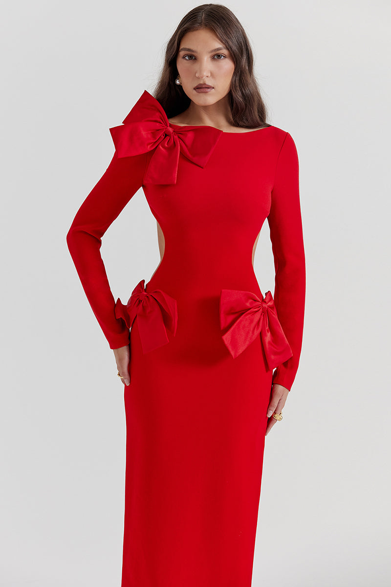 Bow Decor Long Sleeve Backless Slim Fit Side Slit Gowns Maxi Dresses-Red