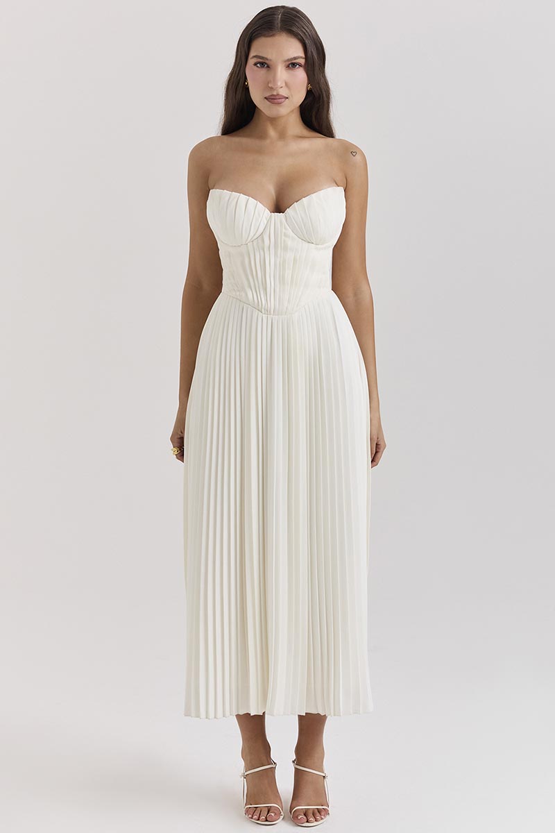 Strapless Corset Pleated Elegant Party Gown Midi Dresses-White