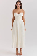 Strapless Corset Pleated Elegant Party Gown Midi Dresses-White