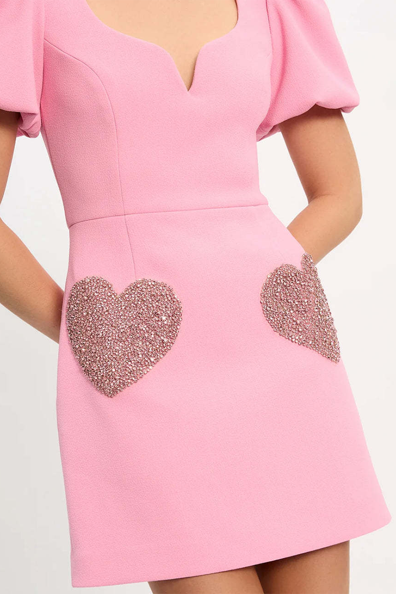 Irregular Neck Puff Sleeve Sequin Heart Pattern Slim Fit Mini Dresses-Pink