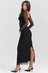 Lace Patchwork Corset Long Sleeve Slim Fit Slit Midi Dresses-Black