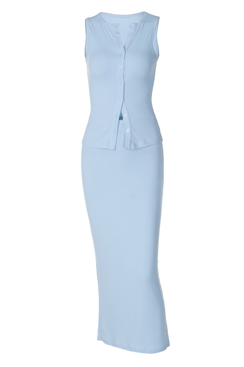 Knit Button Up Tank Top Slim Fit Plain Maxi Skirt Matching Set-Blue