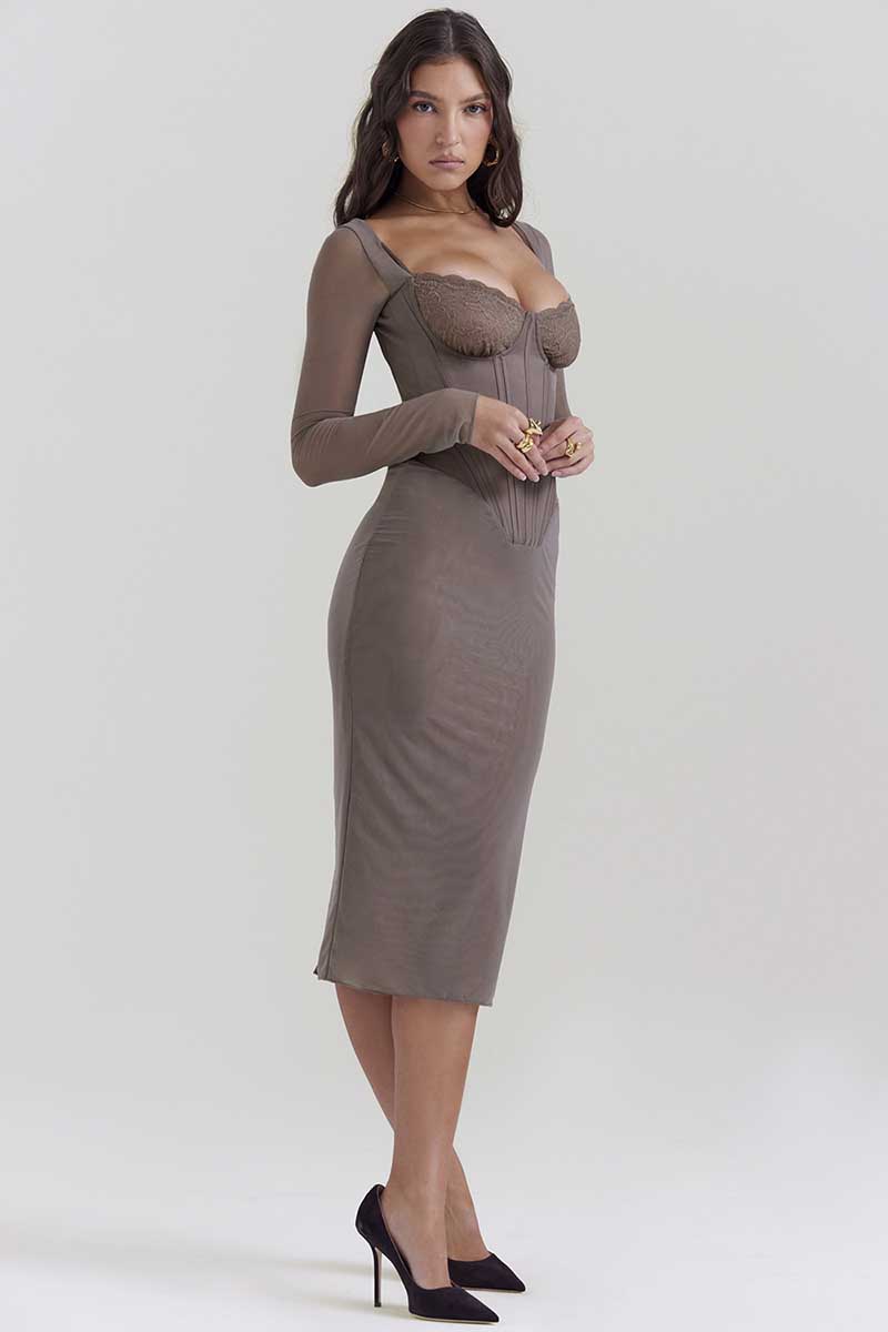 Square Neck Long Sleeve Embroidery Corset Bodycon Midi Dresses-Gray