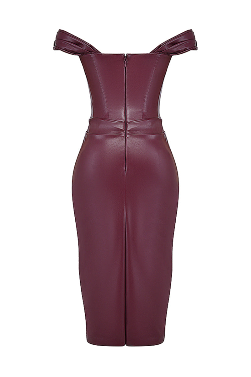 Faux Leather Pleated Neckline Corset Bodycon Cocktail Party Midi Dresses-Burgundy