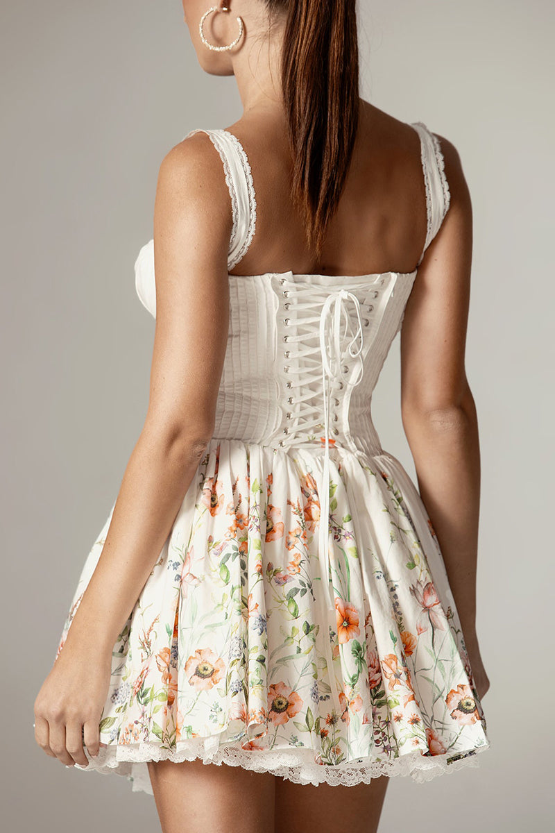 Floral Print Hem Curved Sleeveless Vacation Mini Dresses-White Pre Order