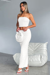 Textured Crop Tube Top Split Bodycon Maxi Skirt Matching Set-White