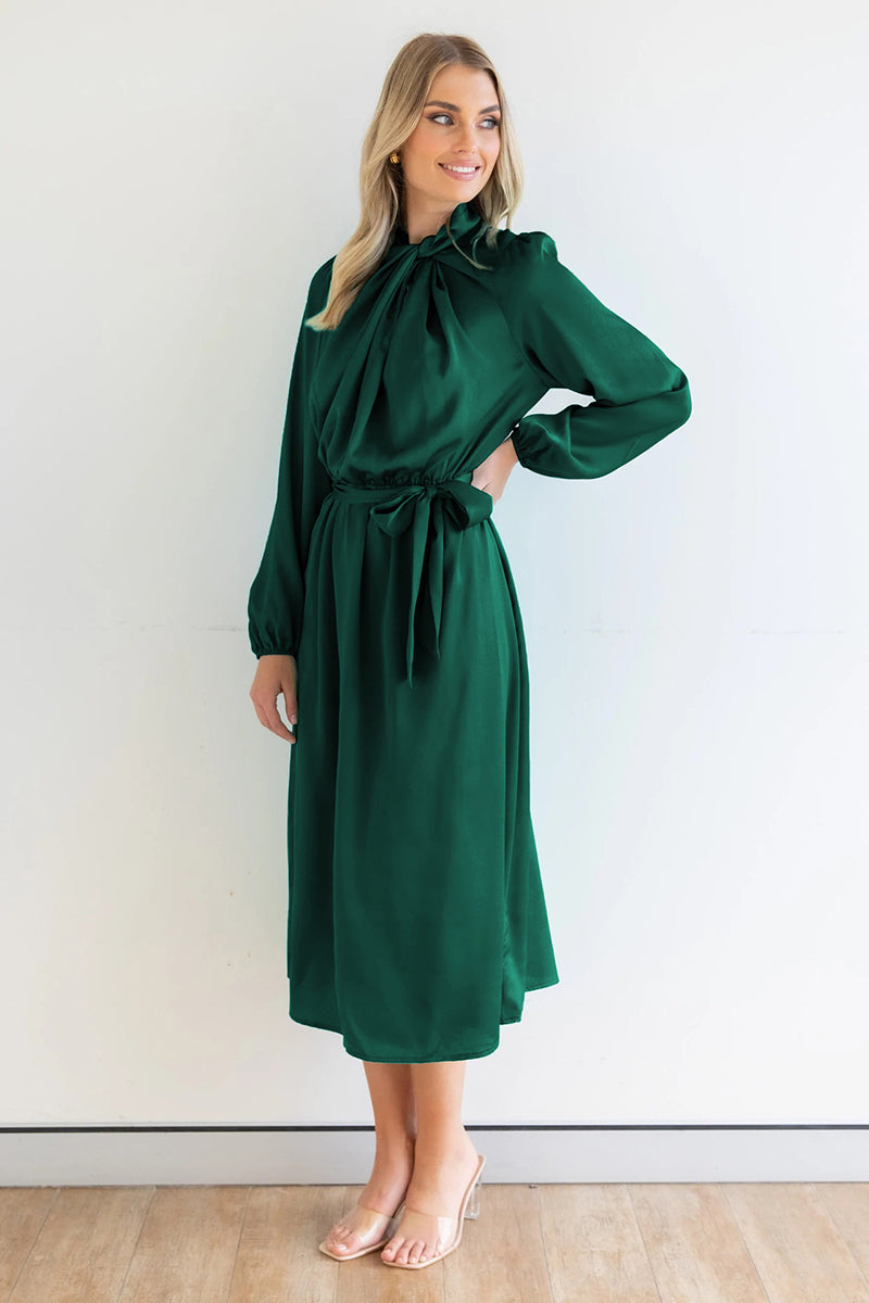 Ruched Knotted Long Sleeve Satin Midi Dresses
