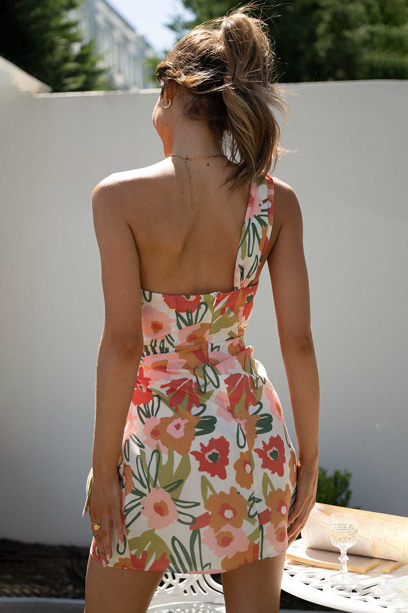 One Shoulder Floral Print Ruched Tie Mini Dresses