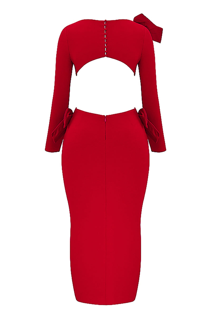 Bow Decor Long Sleeve Backless Slim Fit Side Slit Gowns Maxi Dresses-Red