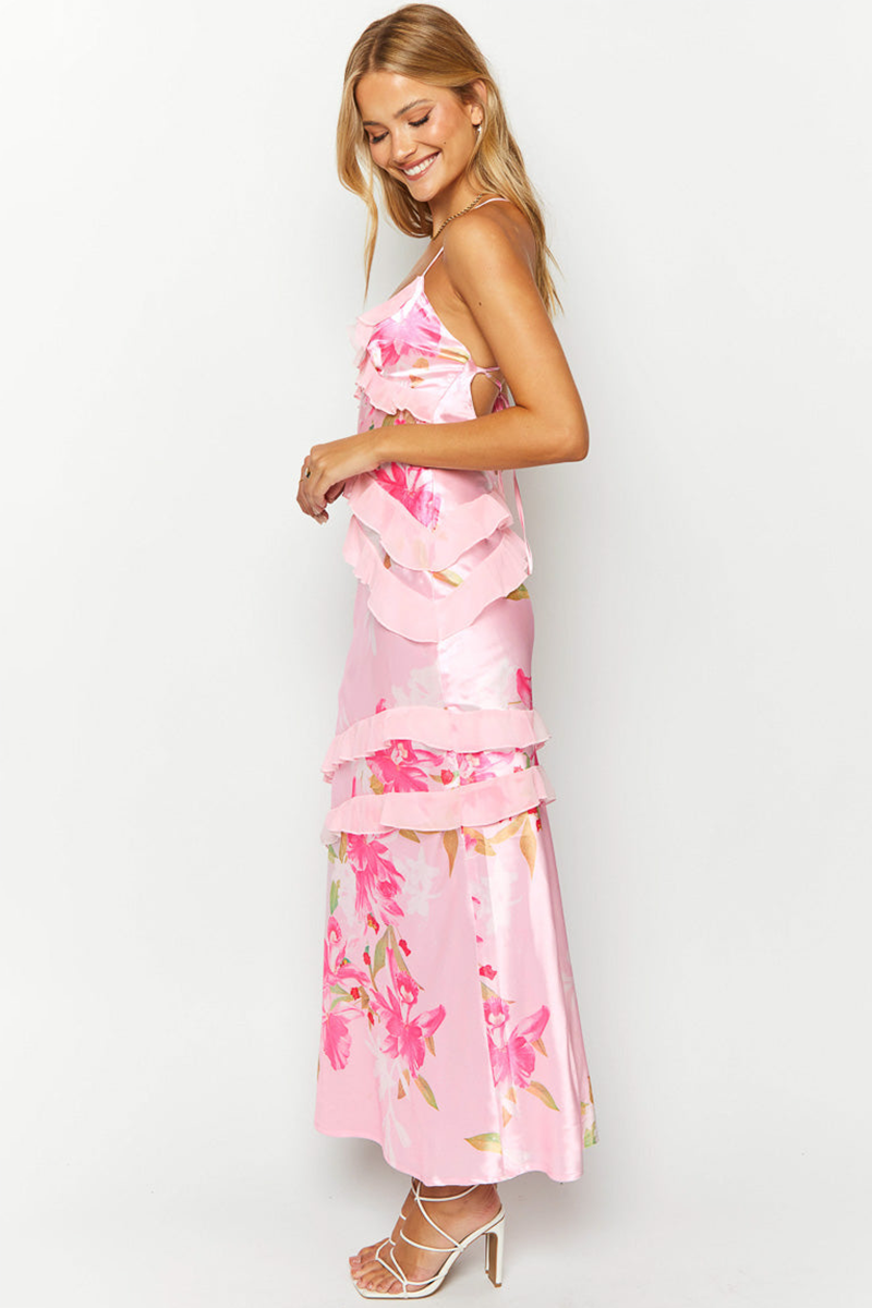 Floral Print Asymmetric Flounced Trim Backless Slip Maxi Dresses-Pink