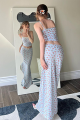 Ditsy Floral Print Crop Cami Low-Rise Slim Fit Maxi Skirt Matching Set-Blue
