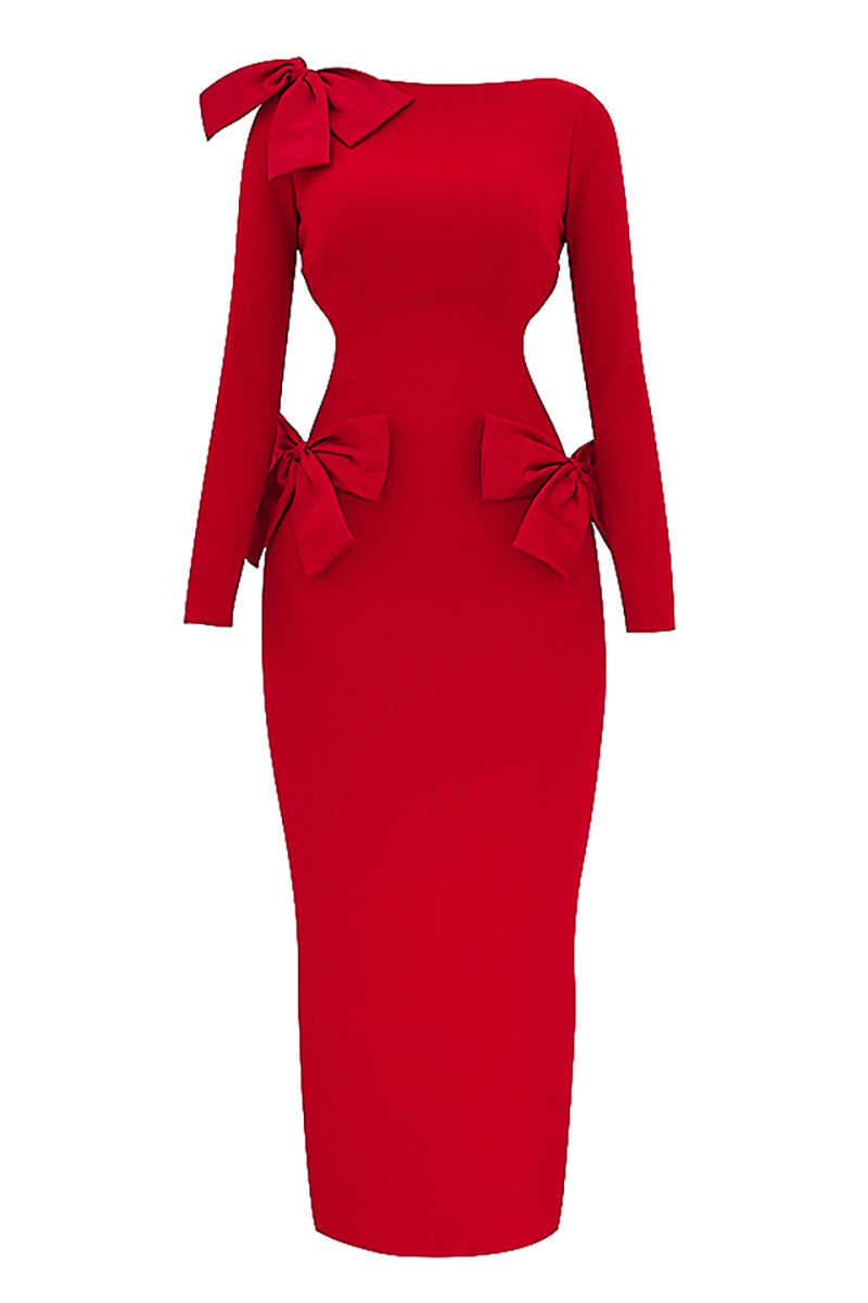 Bow Decor Long Sleeve Backless Slim Fit Side Slit Gowns Maxi Dresses-Red