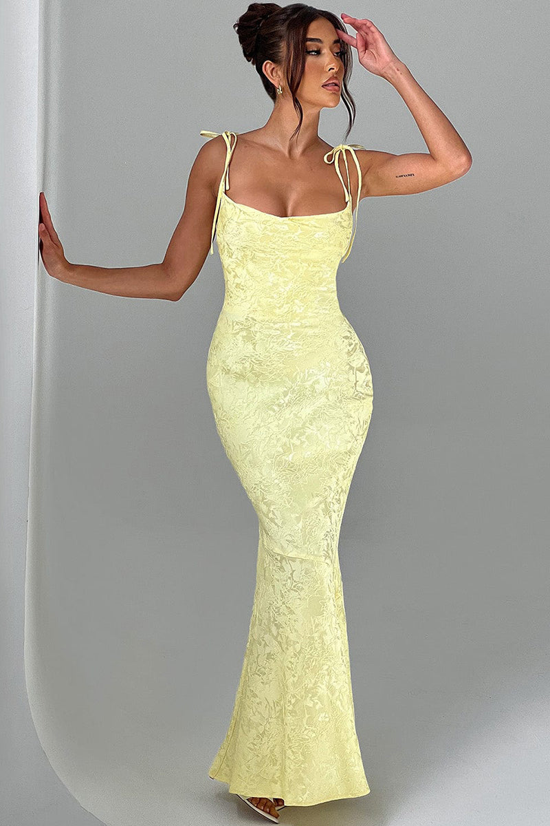 Lace Up Spaghetti Strap Slim Fit Jacquard Maxi Dresses-Yellow