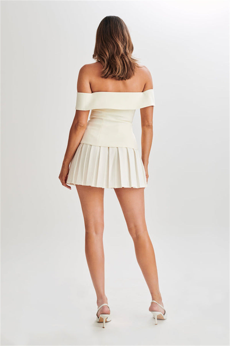 Off Shoulder Double Breasted Top Pleated Mini Skirt Matching Set-Burgundy