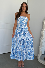 Floral Print Boat Neck Strapless A-Line Maxi Dresses-Blue