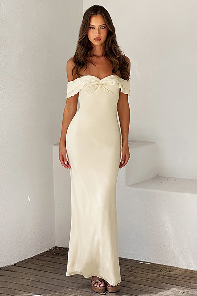 Ruffled Dropped Shoulder Twisted Ruched Slim Fit Maxi Dresses-Beige
