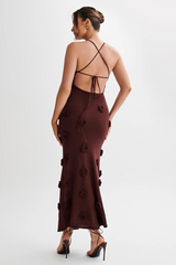 3D Flower Decor Knit Slim Fit Backless Spaghetti Strap Maxi Dresses-White