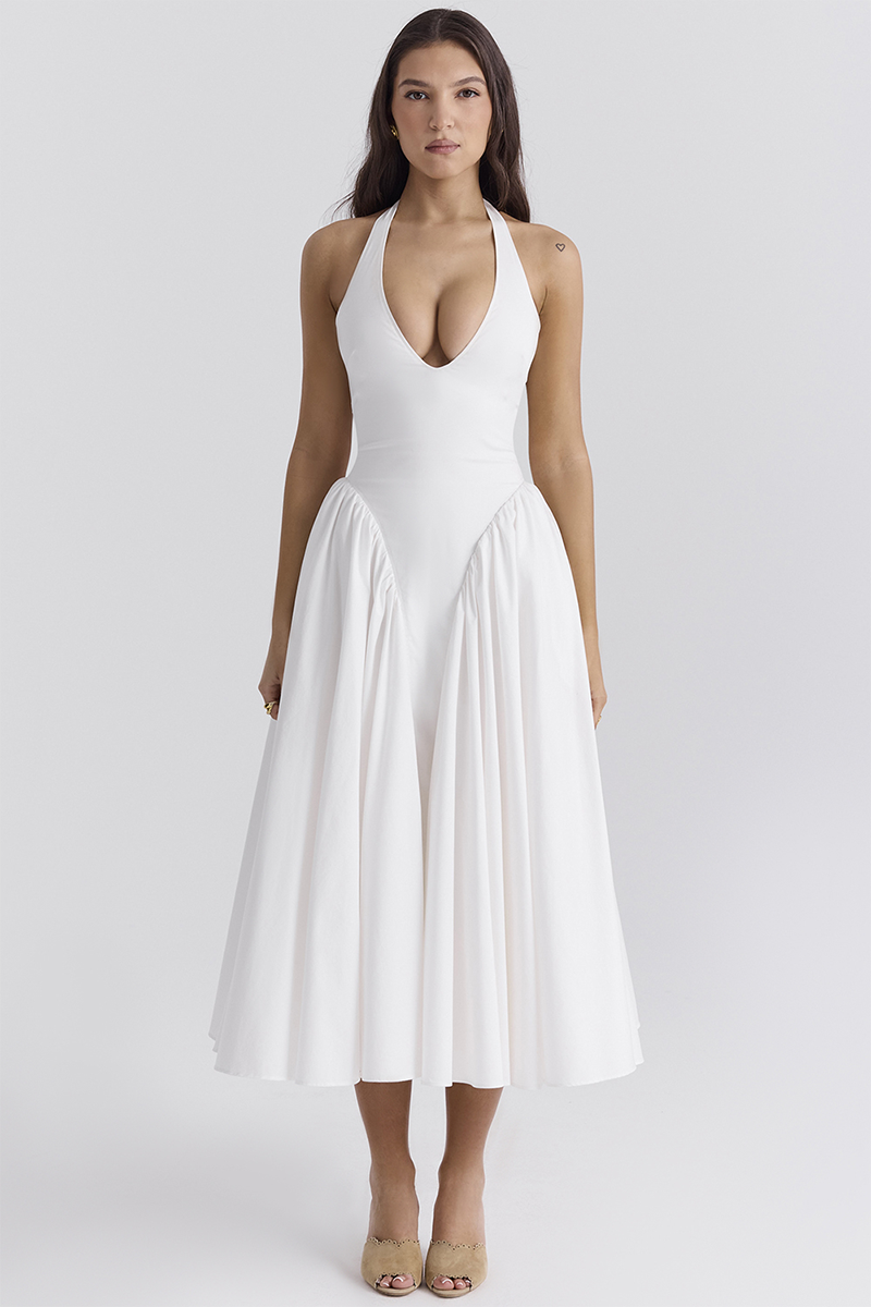 Deep V Neck Halter Cinch Waist Plain Midi Dresses-White