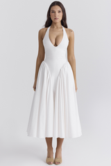 Deep V Neck Halter Cinch Waist Plain Midi Dresses-White