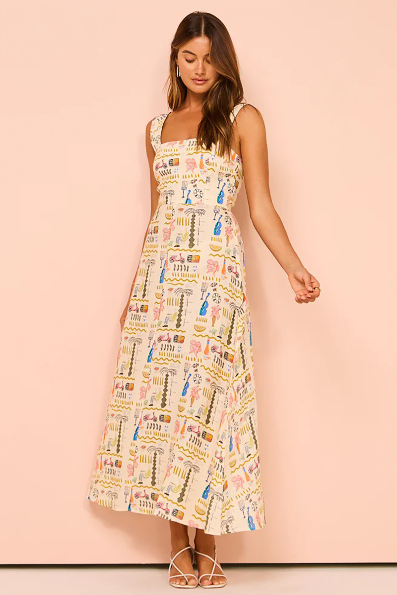 Wide Straps Mixed Prints A-Line Flowy Midi Dresses-Beige