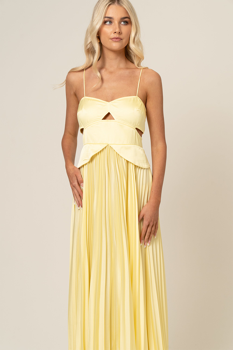 Cutout A-Line Pleated Hem Spaghetti Strap Maxi Dresses-Yellow