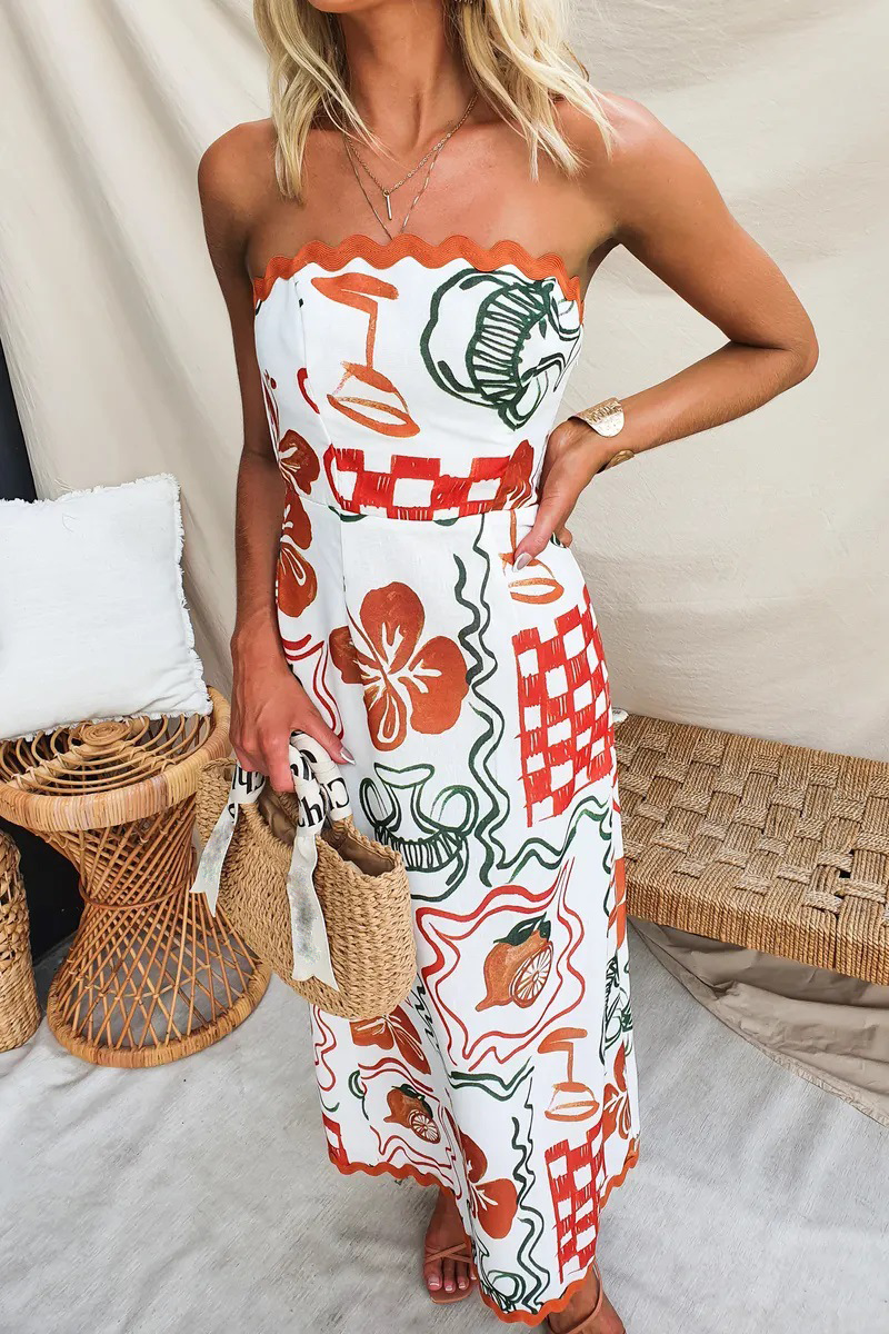 Mixed Prints Wavy Trim A-Line Vacation Strapless Maxi Dresses-White