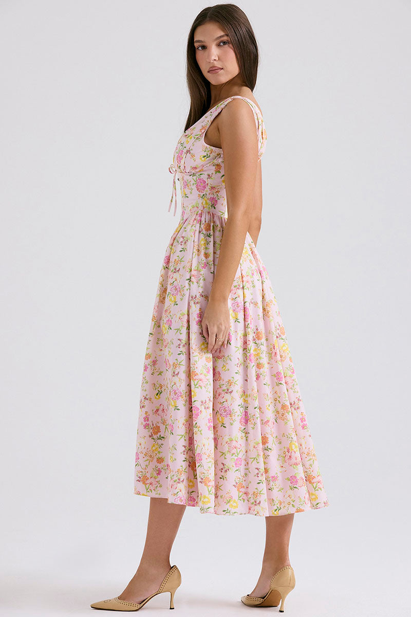 Sleeveless V Neck Cinch Waist Floral Print Midi Dresses-Pink