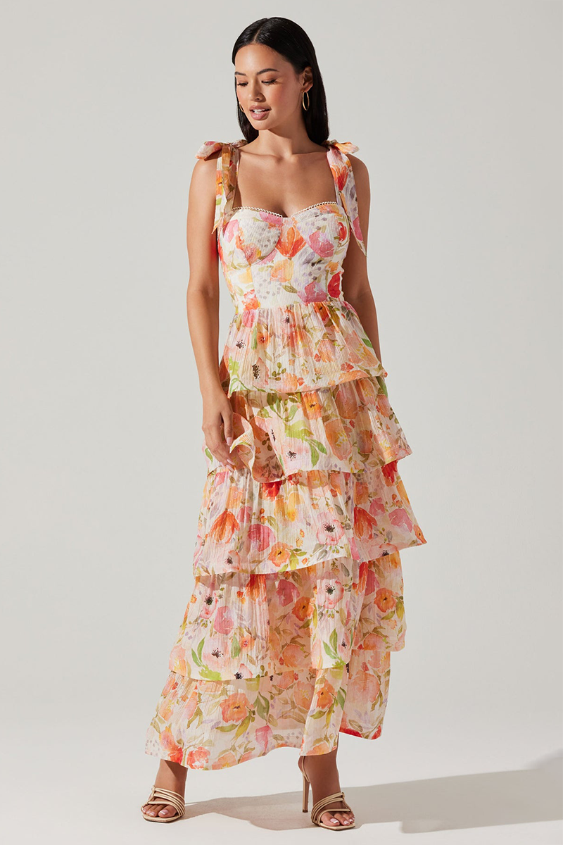 Tied Up Straps Floral Print Layered Hem Maxi Dresses-Orange
