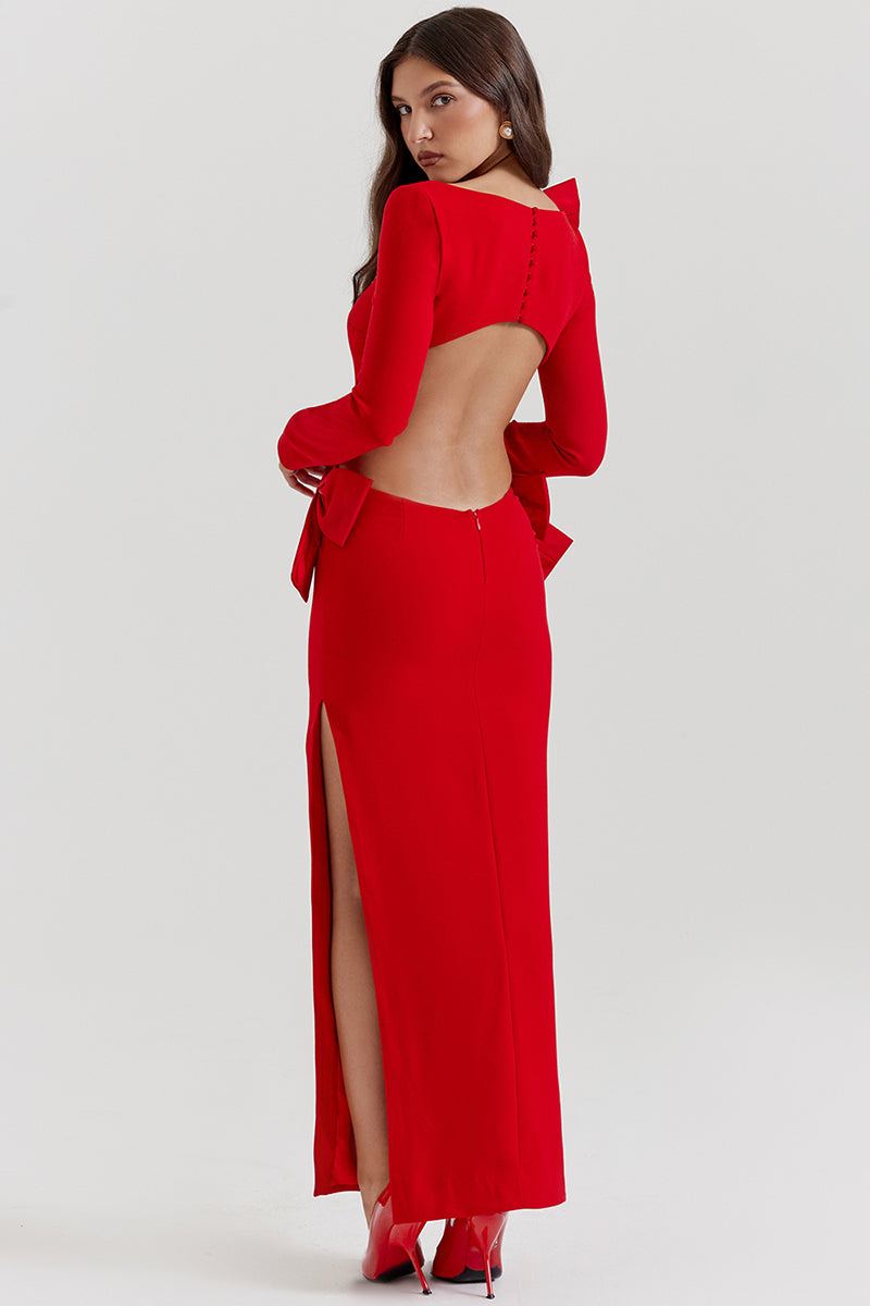 Bow Decor Long Sleeve Backless Slim Fit Side Slit Gowns Maxi Dresses-Red