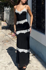 Lace Patchwork Deep V Neck Slim Fit Maxi Strappy Dresses-Black