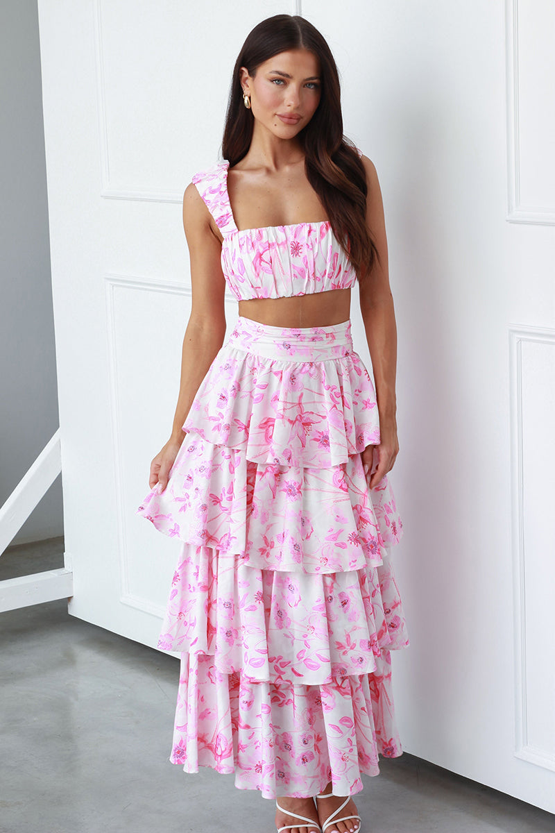 Square Neck Ruched Sleeveless Crop Top High Waist Layered Maxi Skirt Floral Print Matching Set