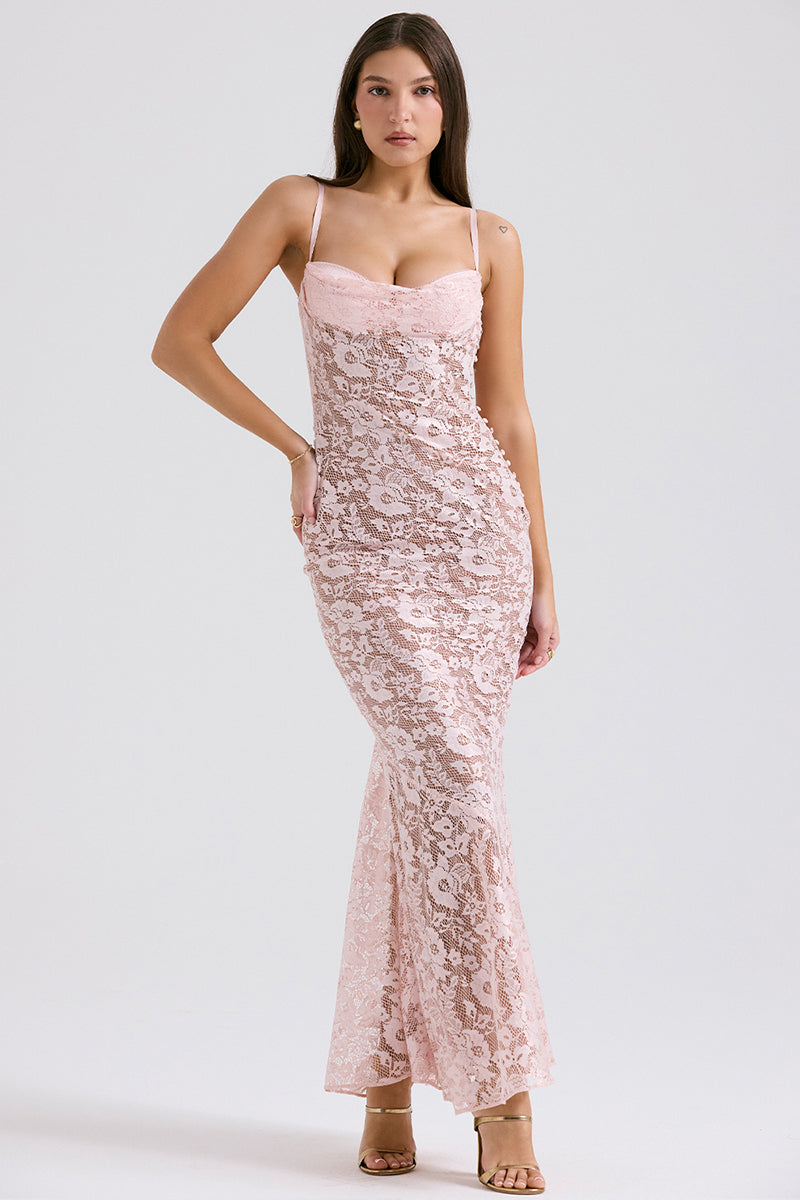 Floral Lace Backless Slim Fit Spaghetti Strap Maxi Dresses-Pink