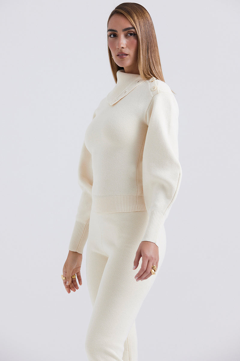 Irregular Folded Stand Collar Lantern Sleeve Sweater Plain Pants Matching Set-Beige
